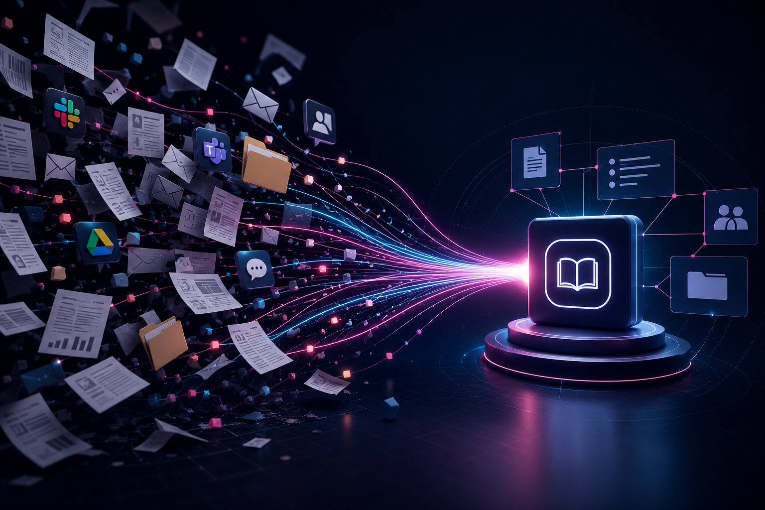 Knowledge management concept showing scattered business information being organized into a centralized knowledge hub through AI-powered workflows and documentation systems.
