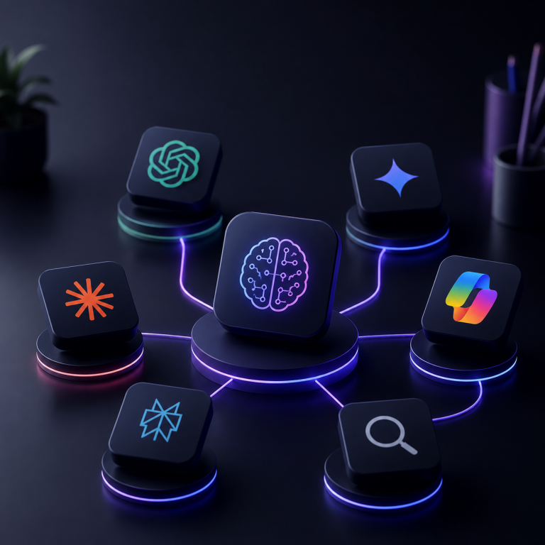 Ilustración tecnológica que muestra un ecosistema de herramientas de inteligencia artificial conectadas entre sí mediante una red digital, representando la selección estratégica de plataformas de IA para empresas en 2026.
