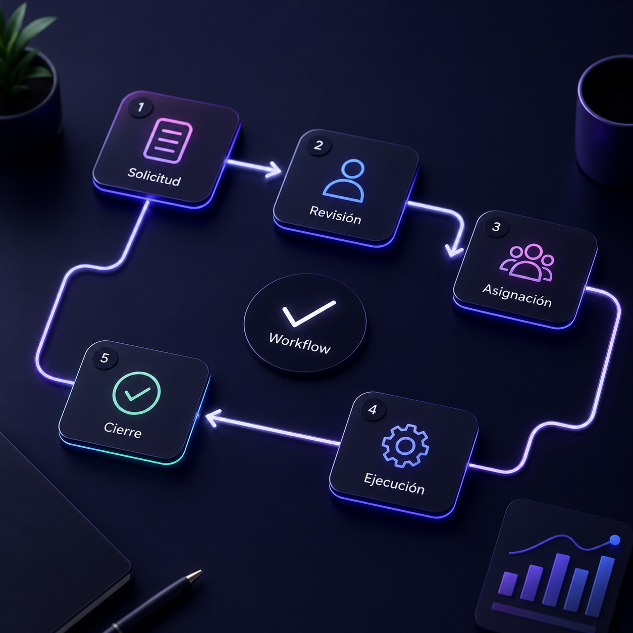 Diagrama visual de workflow empresarial con etapas conectadas digitalmente para automatizar procesos, mejorar productividad y asegurar adopción por parte de los equipos.